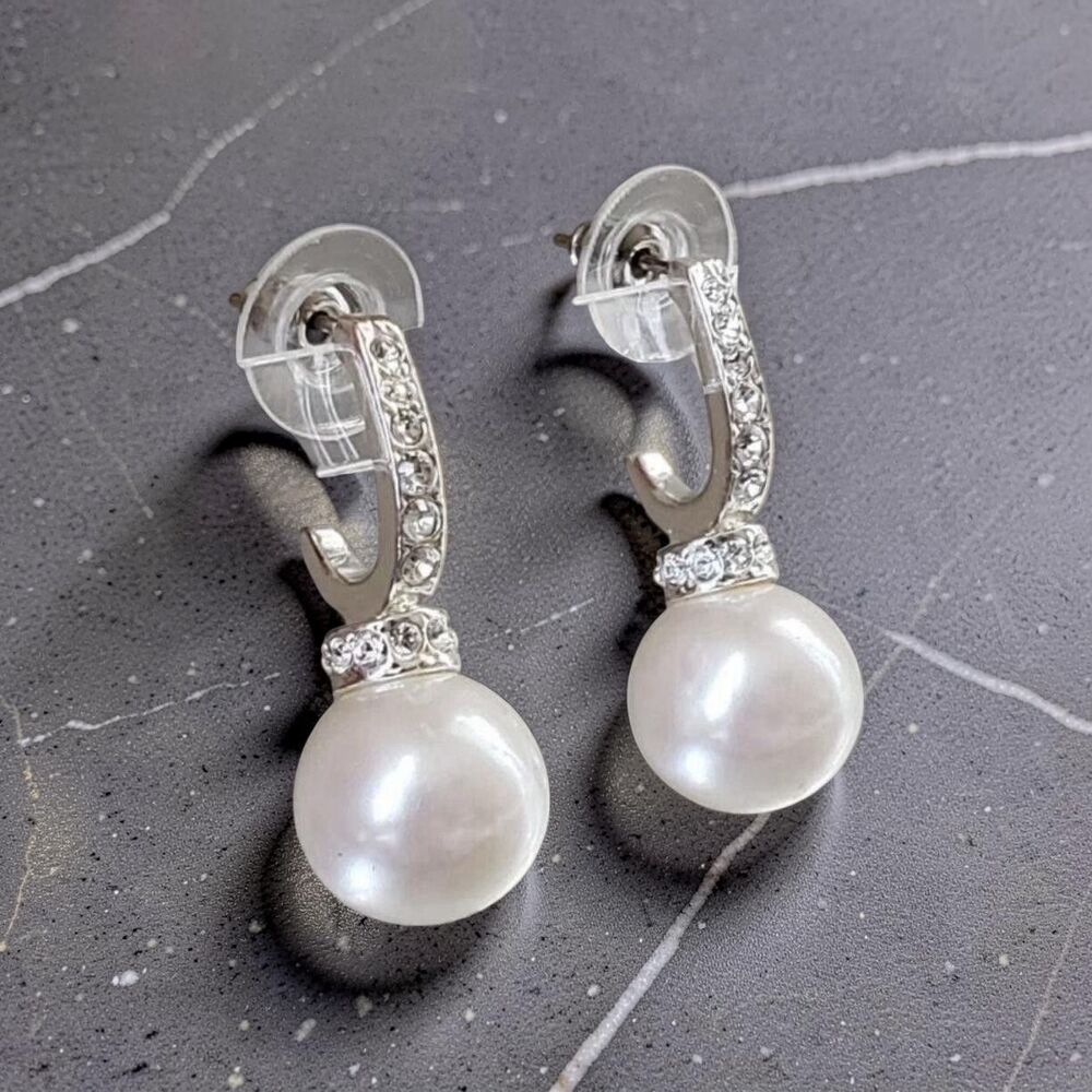 Vintage Carolee Rhinestone Studded Simulated Pearl Silver Tone Earrings
